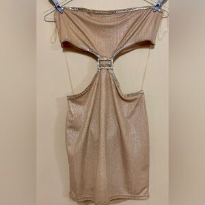 Fashion Nova Shimmering Champagne Cutout Dress with Rhinestone Buckle